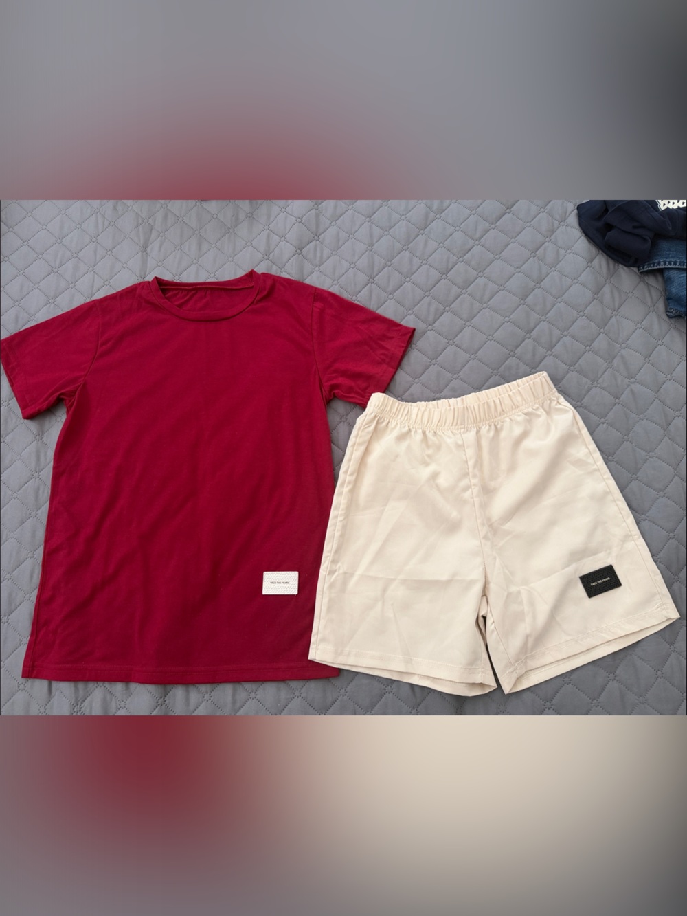 Burgundy Crewneck Tee & Cream Elastic Waist Shorts Set